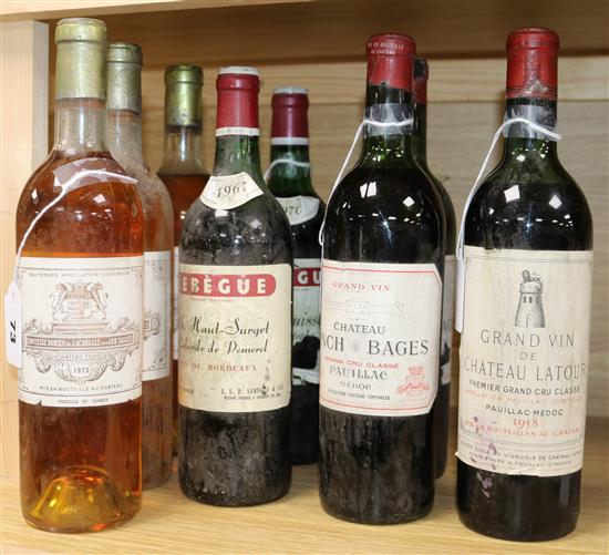 A bottle of Chateau Latour1958, two Chateau Lynch bages Pauillac 1967, three Chateau sauternes 1973, two others
